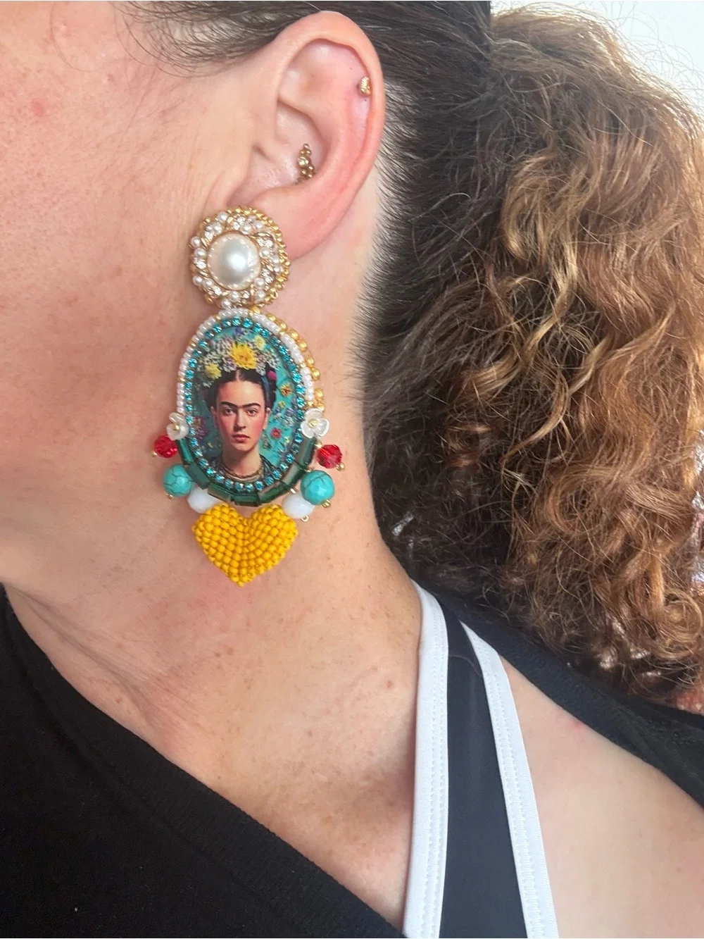 Handcrafted Yellow & Turquoise Frida Kahlo Statement Earrings